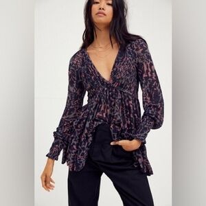 Free People Top Dark Romantic Tunic Mini Dress In Merlot Combo Women's Sz XS